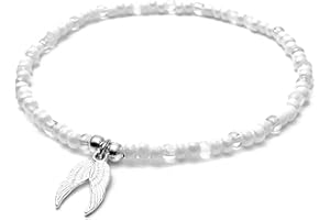 VILDA JEWELLERY Angel Wings Charm Beaded Anklet, White Glass Seed Bead Mix with Silver Tone Charm : Size 10 inches, Angel Lover Jewellery, Beach Boho Gift for Women
