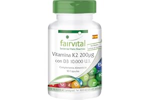 Fairvital | Vitamina K2 + D3 - Dosis alta - Vitamina D3 10.000 U.I. + Vitamina K2 200µg - 90 Cápsulas - Calidad Alemana