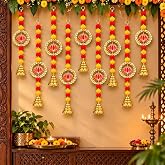 Gift Jaipur 10 pc Bijiya Bell Latkan with Red Lotus Hanging (16 INCH) Wall Hangings, Temple Diwali Decorative Items | Backdro