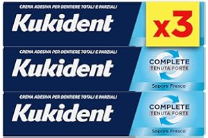 Kukident Complete Crema Adesiva Per Protesi Dentali Totali e Parziali, Tenuta Forte, Sapore Fresco. Confezione da 3x35g