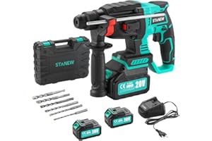 STANEW Perforateur Sans Fil, Perceuse à Percussion con SDS-Plus Mandrin, Moteur Sans Balais, 4500BPM, 1000RPM, 6x Forets, énergie de frappe 2J, 2*Batterie 20V 4.0Ah