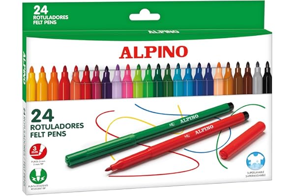 Alpino 24 Rotuladores de Colores Brillantes | Rotulador de Punta Resistente de 3mm para Colorear | Tinta Súper Lavable y de Larga Duración | Estuche de Rotuladores | Material Escolar