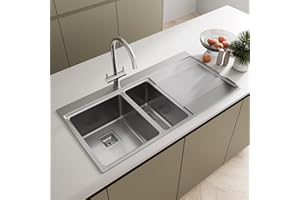 SÄUBER® 1000 x 520mm Stainless Steel Kitchen Sink 1.5 Bowl Inset Drop in Installation, Right Hand Drainer, 18/8 Grade Steel Sinks, Free Basket Strainer Waste