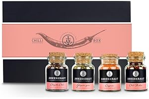 ‎ANKERKRAUT Ankerkraut Geschenk-Set Chili, mit Chipotle Chili, Chili Flocken, Grüne Jalapeño und Cayennepfeffer im Korkenglas, Mix aus scharfen Zutaten, Gewürze in hochwertiger Deluxe-Box mit Banderole