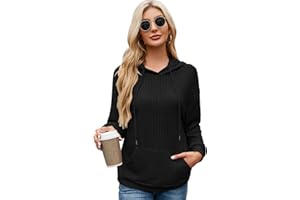 EDOTON Damski sweter z długim rękawem, kieszenie, sweter z kapturem, w paski, jednokolorowy, ze sznurkiem