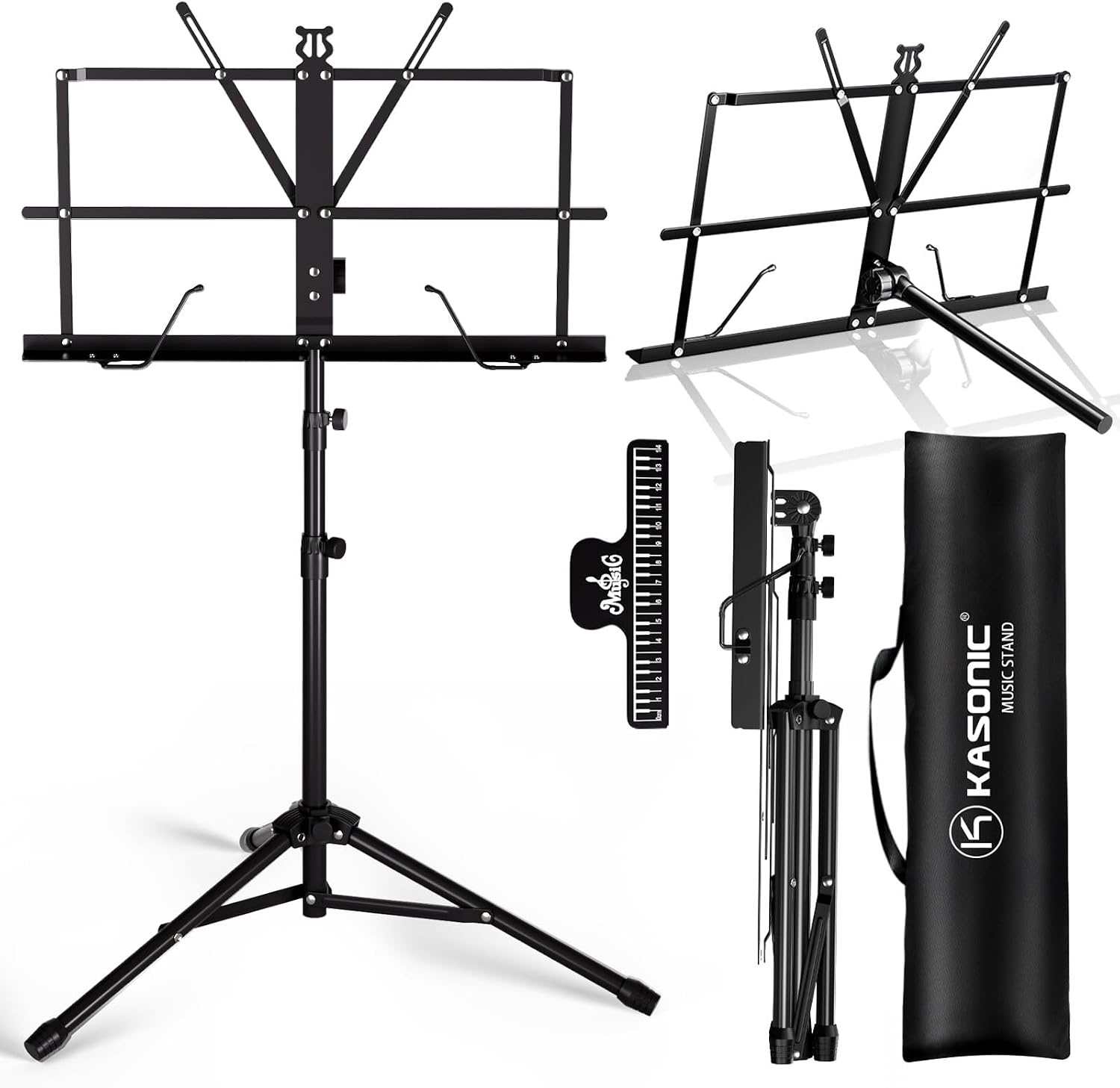 K KASONIC Pupitre 2-en-1 Pliable Pince Partition & Sac Transport, Noir | Trépied Métallique Robuste, Hauteur Réglable, Pliage Compact, Inclut Pince et Sac. Pour Concerts, Groupes, Pratique