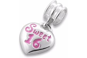 Silvadore - Silver Bead – Sweet 16 Heart Plaque Bead - 925 Sterling Charm 3D Slide On - Fits European Bracelet - Gift Boxed
