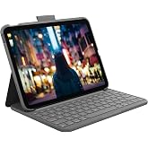 حافظة Logitech Slim Folio iPad مع لوحة مفاتيح ومفاتيح تشغيل سريعة لنظام iOS ومتوافقة مع iPad مقاس 10.9 بوصة من الجيل العاشر، باللون الرمادي