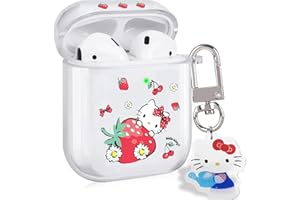 DIYGODY Cute Case for Airpods 2/1 with Strawberry Pattern Case Clear with Funny Kawaii Cat Keychain for Women Girls Kids Soft Silicone Headphone Cover for AirPods 2nd &1st Generation Case