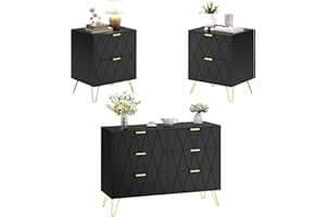 UEV Set di 3 Mobili per Camera da Letto, Cassettiera con 6 Cassetti e Set di 2 Comodini, con Maniglie e Piedini in Colore Oro, Scandinavo per Soggiorno, Camera da Letto (Nero)