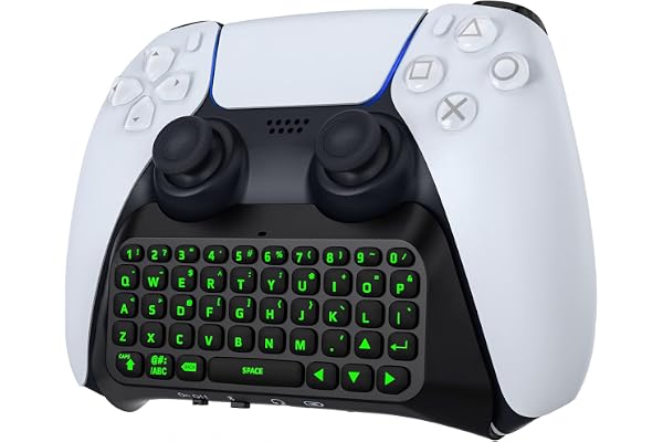 MoKo Rétro-Éclairage Vert Clavier pour PS5 Manette, Mini QWERTY Touches Bluetooth sans Fil Compatible avec PlayStation 5 Manette, Rechargeable Clavier avec Prise Audio 3,5 mm & Haut-Parleur Intégré