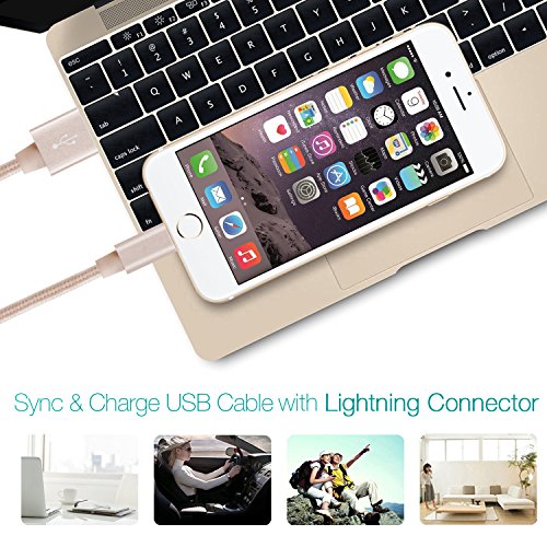 Flashstye 3 Pack 1M 2M 3M Phone Charger Nylon Braided Lightning to USB Cable Apple lightning cable for iPhone 7 Plus 6S Plus 6 Plus SE 5S 5C 5, iPad 2 3 4 Mini, iPad Pro Air, iPod.(Golden) - 5