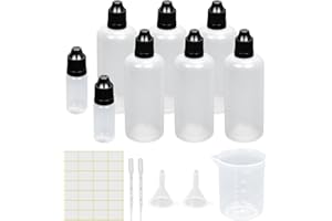 Episkey 6x Flaconi Contagocce 100ml con Imbuto, Misurino, Contagocce ed Etichette. Bottiglie vuote con Contagocce per Liquidi, Oli ed E-Liquid (100ml)