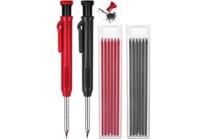 MECHEER Carpenters Pencil Mechanical Pencil Set with 14 Refills 2 Colors, 45mm Long Nose Nib Metal Solid Joiners Pencil with Sharpener Scribe Tool Work Pencils for Builders Construction Architect Woodworking
