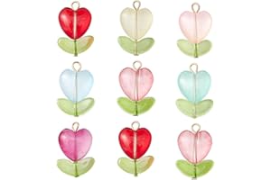 UR URLIFEHALL 50 Pcs Glass Flower Charms Heart with Leaf Beads Charms with Stainless Steel Loops for DIY Jewellery Necklace Bracelet Making