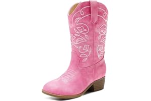 LAURMOSA Girls Cowboy Boots Embroidered Mid Calf Zipper Pointed Toe Cowgirl Boots for Little Big Kids Party Country Horse Riding