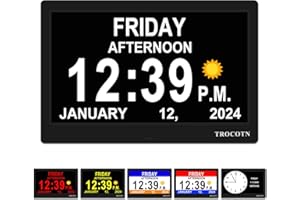 TROCOTN Najnowszy Zegar z Demencją, Duży Cyfrowy Dla Seniorów, Wyświetlacz z Niestandardowymi Alarmami, Ścienny z Dniem i Datą, Budzik, Biurkowy (10 Cali, Czarny)