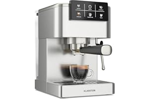 Klarstein SteelPresso Touch Machine à Café Grain – 20 Bars, 1350W, Écran Tactile, Mousseur de Lait, Réservoir 1.5L, Acier Inoxydable, Expresso & Cappuccino