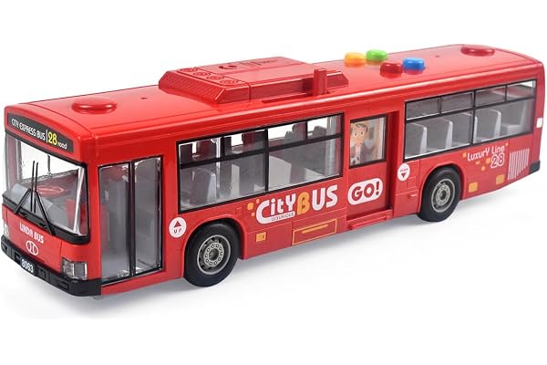 Cemirk Bus jouet pour garçons et filles à partir de 1 an - Avec lumière et sons, pneus réalistes, portes fonctionnelles simulées, mouvement à friction, rouge