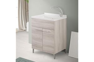 Inbagno Lavatoio con mobile e vasca in Resina resistente agli acidi, Completo di ASSE di Lavaggio e Kit sifone + piletta (60x50 cm 2 Ante, Rovere Grigio)