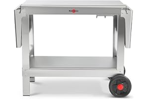 Krampouz Chariot Extérieur Plein AIR pour Plancha ou BBQ - Desserte en Acier Inoxydable - 2 Grands Plateaux - 2 Grandes Roues - 2 Tablettes Rabattables avec Crochets pour Accessoires - Réf KHEA05