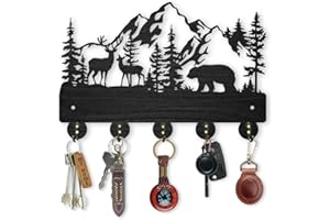 MAYJOYDIY Forest Deer Bear Key Holder for Wall 30×20cm Wood Forest Animal Mountain Key Hooks Hanger 5 Alloy Hooks Black Key Rack for Home Art Decor Entryway Front Door Gift