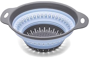 JQKX Collapsible Colander,BPA Free Silicone Colanders & Food Strainers with Plastic Handles Vegetable and Fruit Kitchen Draining Pasta Foldable Strainer Colander Dishwasher Safe 3 Quart Blue