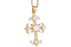 RIZILIA Crucifix Cross Pendant with 45cm(18") Chain & Round Cut Gemstones CZ [5 Colours available] in 18K Yellow Gold Plated, Simple Modern Elegance