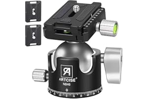 ARTCISE Testa a sfera per treppiede, basso profilo, interamente in metallo, carico 20 kg, tre piastre Arca Swiss a sgancio rapido