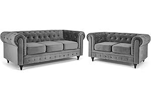 Bravich Velvet Chesterfield Sofa- Grey. Two & Three Seater Sofa Set, Soft Plush Fabric Couch. Living Room Furniture, Easy Clean. 2+3 Seater
