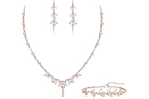 Clearine Bridal Pearl Jewellery Set for Women Simulated Marquise Cubic Zirconia Cluster Pendant Necklace Dangle Earrings Bracelet