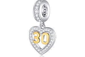 GLOWDAS 10 to 25 28 30 33 35 40 45 50 55 60 65 70 75 80 Birthday Charms, fit European Anniversary Bracelet/Necklace, Golden Number 925 Sterling Silver Heart Pendant with CZ, for Women/Men