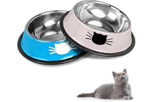 HTRTRR Zestaw misek dla kotów, antypoślizgowe miski dla kota ze stali nierdzewnej, miski do karmienia kotów, poidło dla kotów, miski dla kotów i miski do picia dla zwierząt domowych (niebieskie + szare)