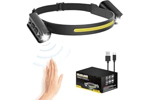 Coyonce LED Head Torch Rechargeable,230°COB Super Bright Headlamp with Motion Sensor, 6 Modes, IPX5 Waterproof, 12 Hours Runtime, 1200LM 2 Spot Light 90°Adjustable, Lightweight Headlamp for Camping