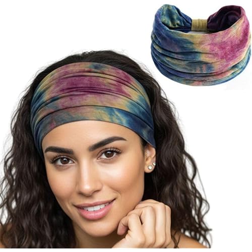 XFYT Boho Chic Tie-Dye Workout Hair Bands | Sweat-Proof Your Gym Fitness Soft Wide Head Band Running Yoga Sports Bandana for Girls Women (Mix Boho), Multi-coloured, Microfiber