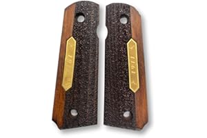 Zib Grips, 1911 Premium-Holzgriffe, goldfarbenes – schwarzes Metalllogo, 1911-Zubehör, 1911 Ambi Safety Cut-Griffe, weitgehend passend für alle 1911-Modelle (Logo *1911*, körniges Muster, goldfarbenes
