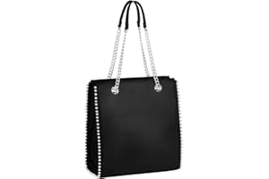CRAZYCHIC - Sac à Main Porté Epaule Chaînes - Shopper Clous Billes Perles Métal Argenté Femme - Cabas Fourre-Tout Rectangle Cuir PU Taille Moyenne - Ville Shopping Mode Tendance Chic - Noir