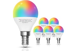 Aigostar 5 pack Bombilla LED inteligente WiFi G45, 5W, 350lm, E14 rosca delgada, RGB+CCT. Regulable multicolor + luz cálida o blanca 3000 a 6500K, Compatible Alexa y Google Home [Clase energética A +]