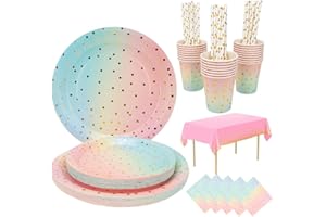 LOMUG Partygeschirr Kindergeburtstag, 121 Stück Geburtstag Party Geschirr Regenbogen Pappteller Set Mädchen Party mit Bunt Pappteller Pappbecher Servietten und Strohhalme für Geburtstag Party