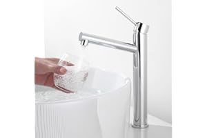 Tondiy Rubinetto Lavabo Alto, Angolo di Uscita Dell'acqua Umanizzato, Miscelatore Monocomando da Appoggio per Bagno, Acciaio Inox 304, Acqua Calda e Fredda, Aeratore Rimovibile, Cromo