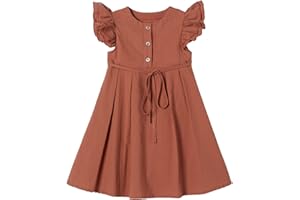 Ugitopi Little Girl Flutter Sleeve Cotton Linen Dress Toddler Kids Double Ruffle Casual Dresses
