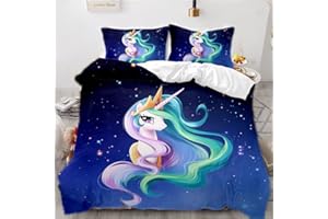 AOXHFNV Rosa Einhorn Bettbezug,süßes Einhorn Wimpern Mädchen Kinder Bettwäsche135×200cm,Einhorn-Motiv Bettwäsche mit 2 Kissenbezügen (135×200cm, Blau)