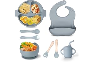 EULUOZIQING 8 Stück Silikon Baby Geschirrset, BPA Frei Baby Teller mit Saugnapf, Rutschfest Kindergeschirr Set mit Lätzchen Trinklernbecher Löffel Gabel Schüssel für Kleinkinder (Blau)