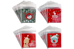 VIDILLO 400 sztuk torebek na słodycze, na Boże Narodzenie, przezroczyste torebki celofanowe, przezroczyste torebki na ciastka, na Boże Narodzenie, torebki na prezenty, samoprzylepne torebki OPP, opakowanie (czerwone)