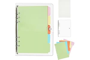 QUMENEY Classeur à anneaux A5 transparent à 6 anneaux avec intercalaires et papier de recharge en PVC transparent pour carnet de notes - 5 intercalaires colorés - Recharge de papier (135 pages)