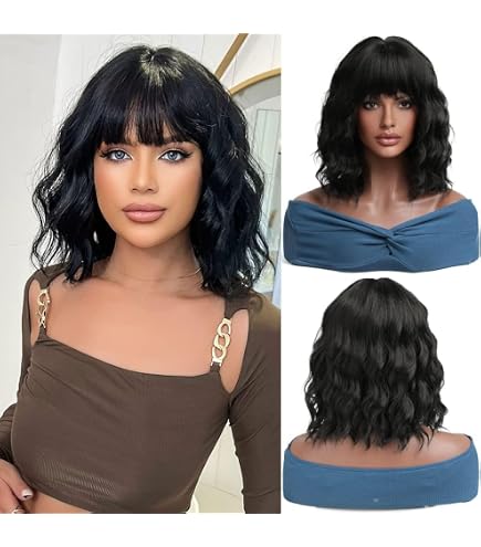 Perruque Courte Synthétique Ondulée Noir Avec Frange - Bonnet OFFERT - Taille Moyenne, Look Naturel