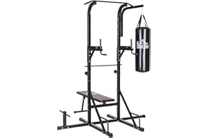 HOMCOM Power Tower con Panca e Sacco da Boxe di 20kg, Stazione Multiuso in Acciaio Nero per Allenamento Total Body