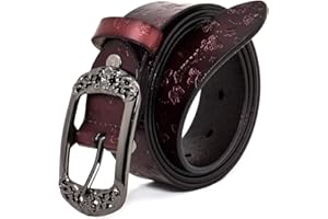 AmyKer Ceinture Femme Cuir Marron Noir Rouge véritable Vintage Avec Boucle en Relief 105 110 115 120 cm