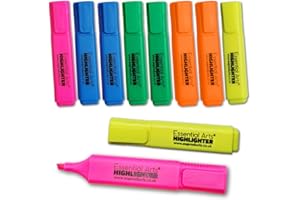 Essential Arts Square Mixed Highlighter Pen Pack of 10 | Yellow, Green, Pink, Orange, Green and Blue Chisel Tip Fluorescent Highlight Marker Pens for Office, School Art and Business