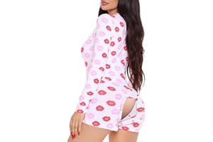 YILEEGOO Womens Sexy Butt Button Back Flap Pajamas Jumpsuit Long Sleeve V Neck One Piece Bodycon Bodysuit Rompers, Buttoned Skinny Elastic Playsuit Bodysuit Romper Pajamas